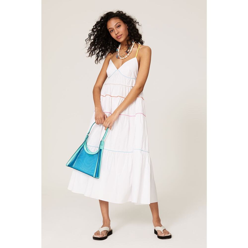 Staud NWT Cleo Tiered Poplin Midi Dress XL Rainbow Trim Cotton - Picture 2 of 16